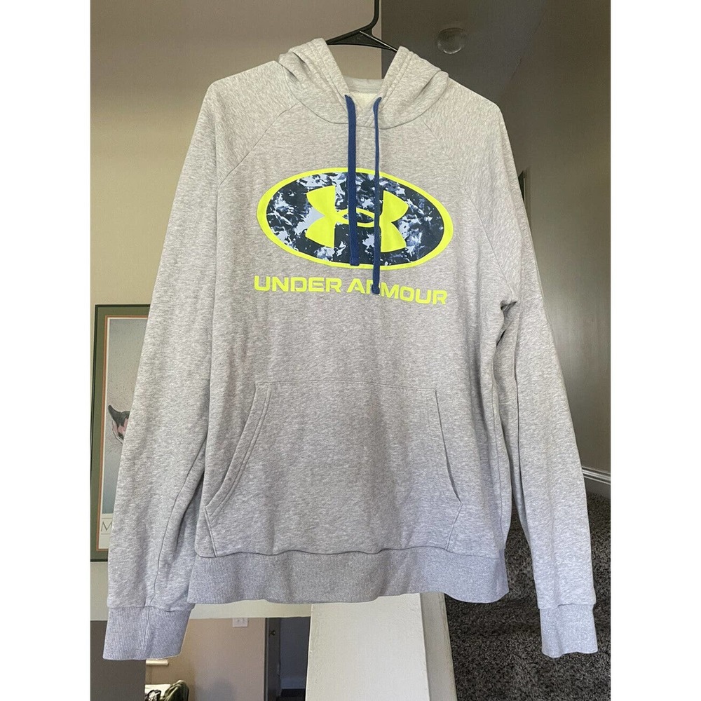 Under Armour Men's Large Rival Cloud Fill Gray Hoodie Cyclone/Neon Sweatshirt